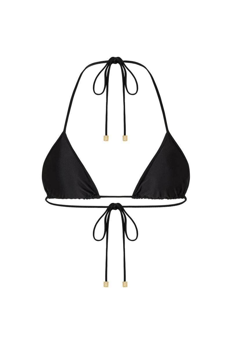 Black triangle bikini top with string ties on a white background