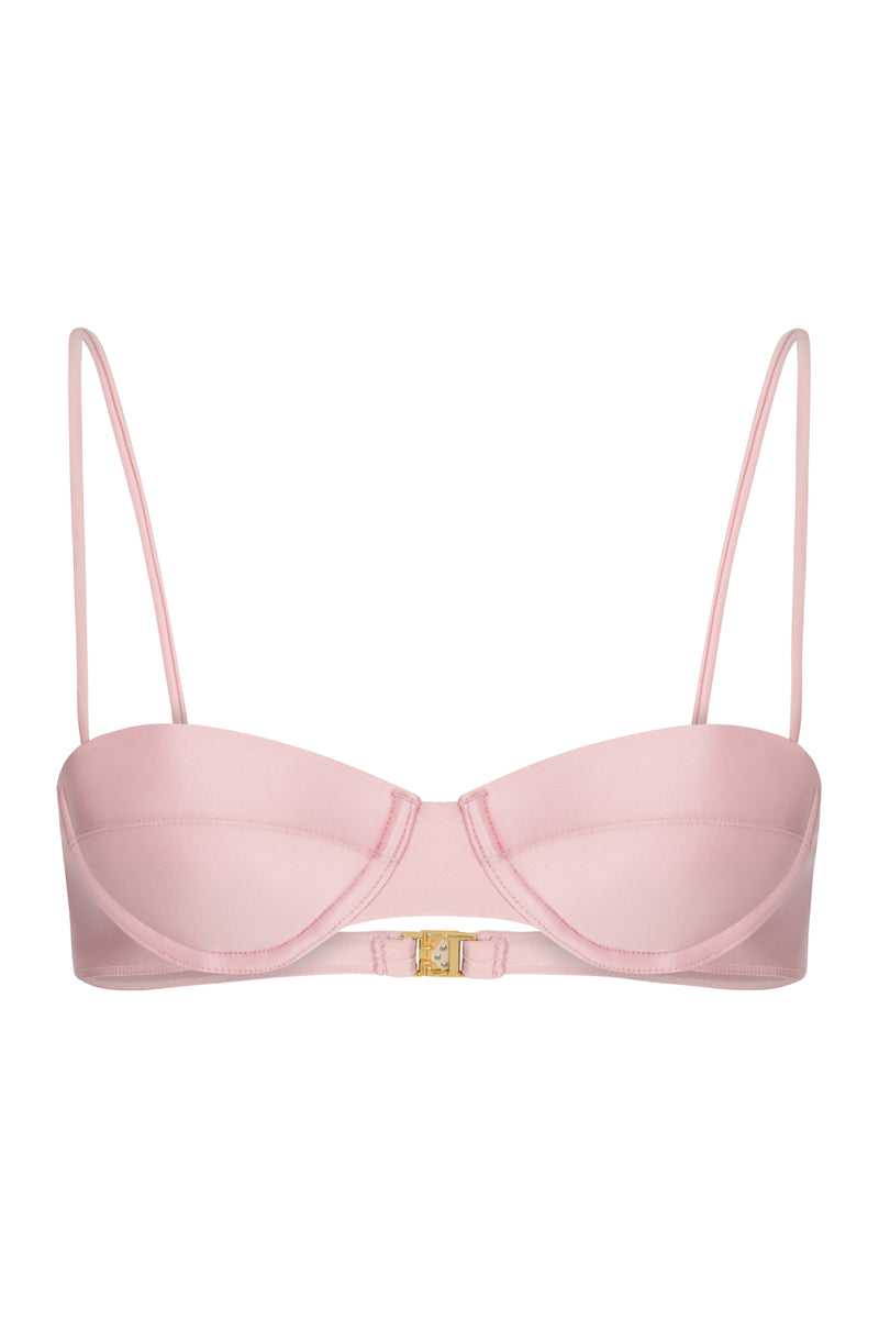 A baby pink balconette bikini top with fully moulded cup and vintage gold hardware, Sommer Swim brand.