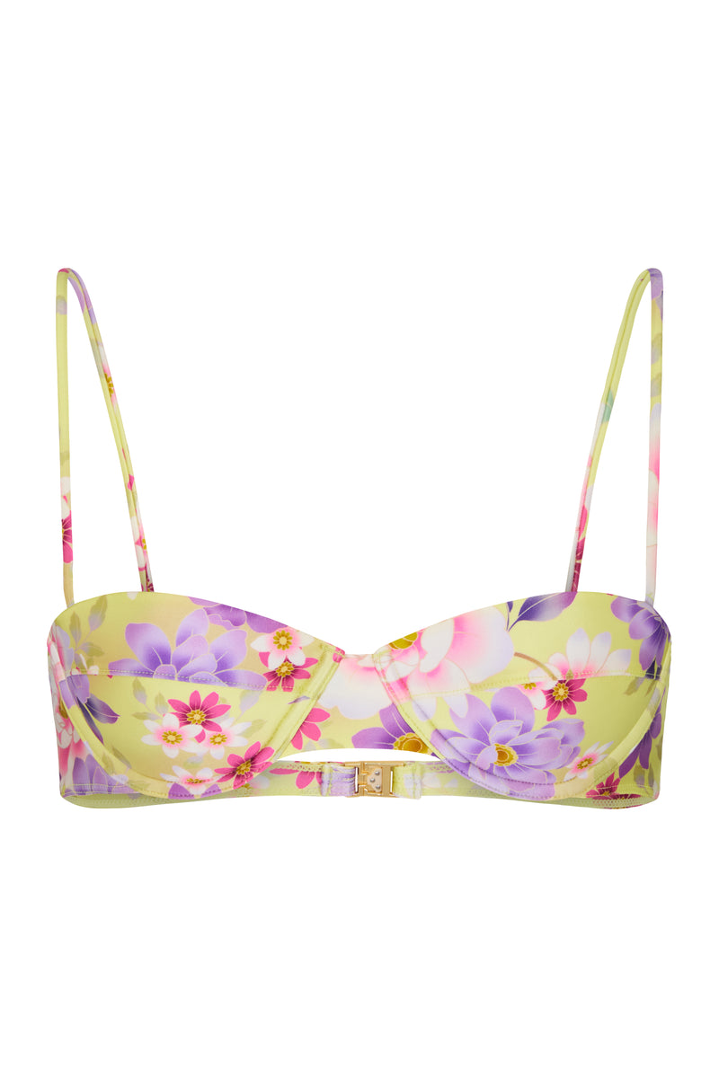 A balconette bikini top with yellow, purple, and pink floral print, featuring removable straps and gold hardware.