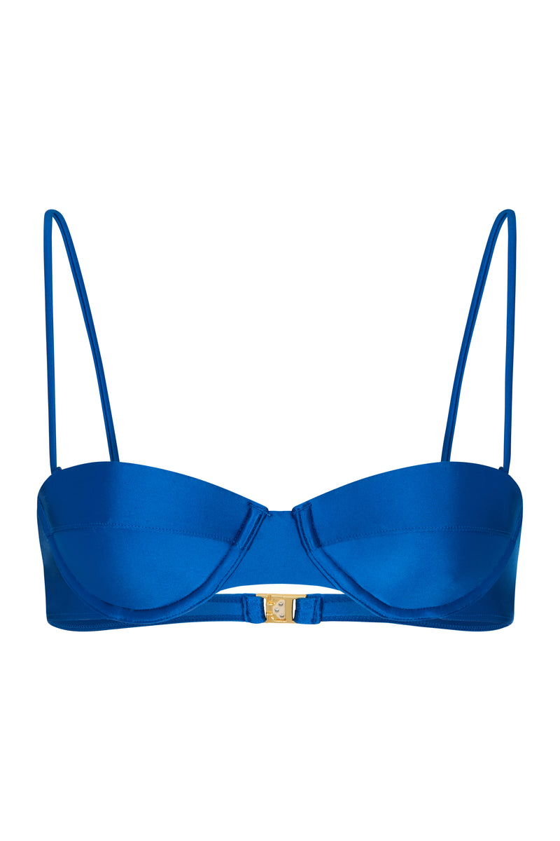 A blue balconette bikini top with fully moulded cup, removable straps, and vintage gold hardware.
