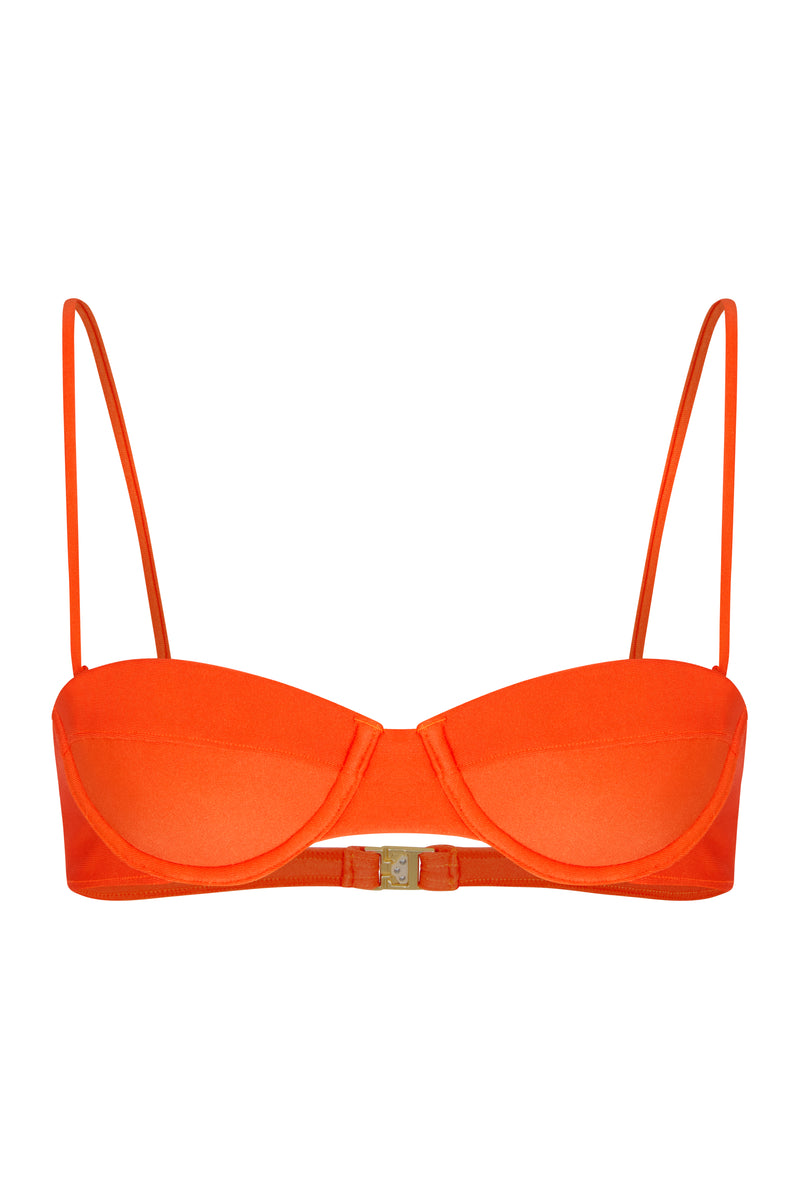 An orange balconette bikini top with removable straps and vintage gold hardware.