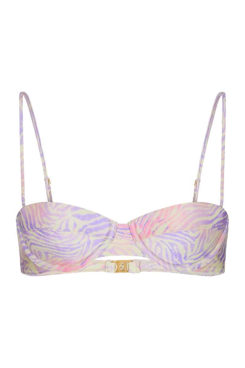 A balconette bikini top with a multicolor zebra print, featuring adjustable straps and gold hardware.