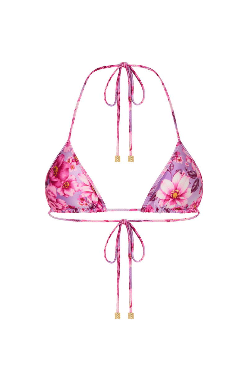 A pink floral triangle bikini top with adjustable straps and gold hardware.