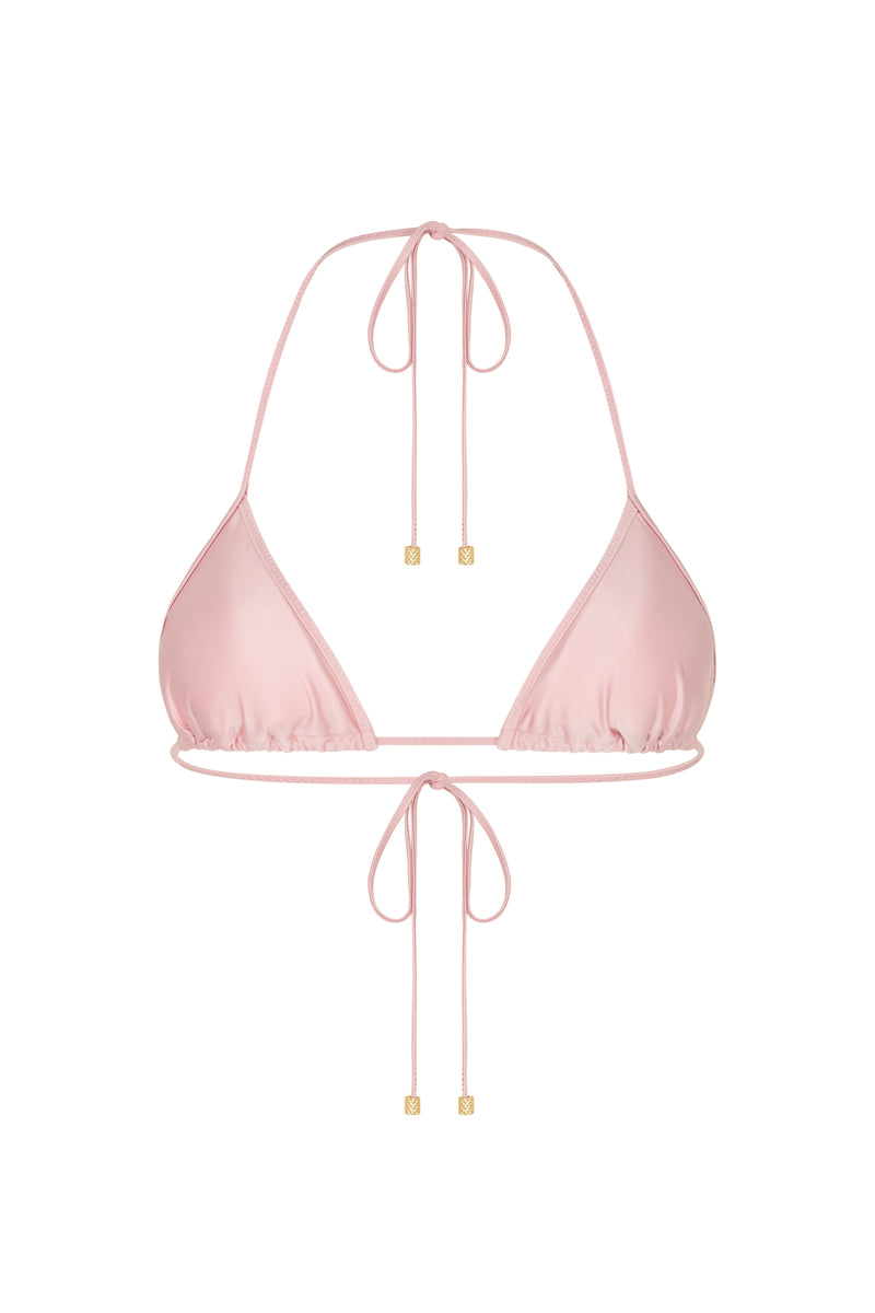 A triangle bikini top in baby pink color with adjustable straps and gold hardware, part of the STARGIRL swimwear collection.