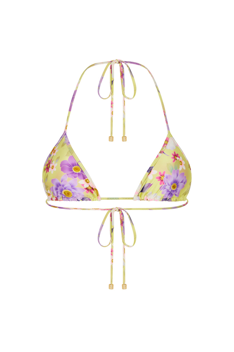 A floral print triangle bikini top with adjustable straps and gold hardware, from the Sommer Swim STARGIRL collection.