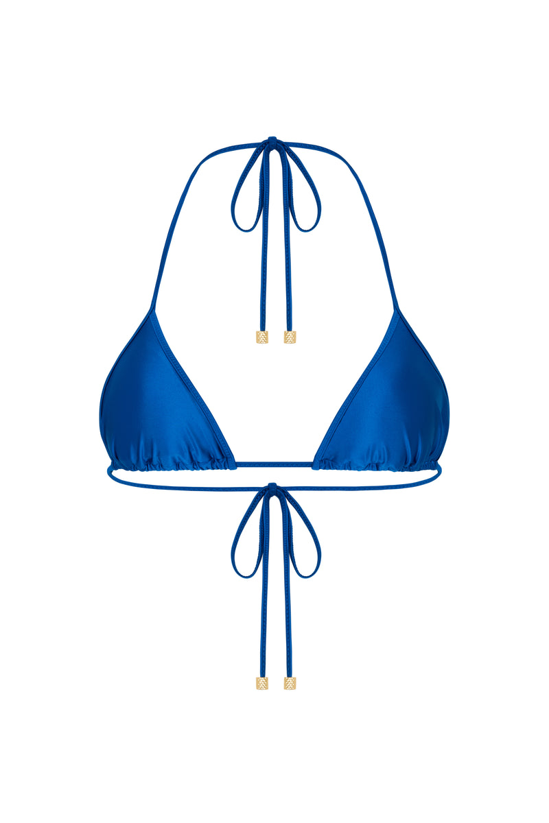 A blue triangle bikini top with adjustable straps and gold hardware, part of the STARGIRL swimwear collection.