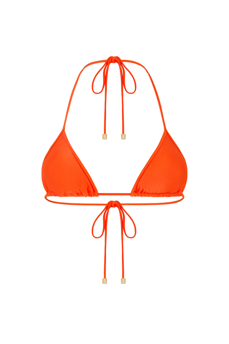 An orange triangle bikini top with adjustable straps and gold hardware, part of the STARGIRL swimwear collection.