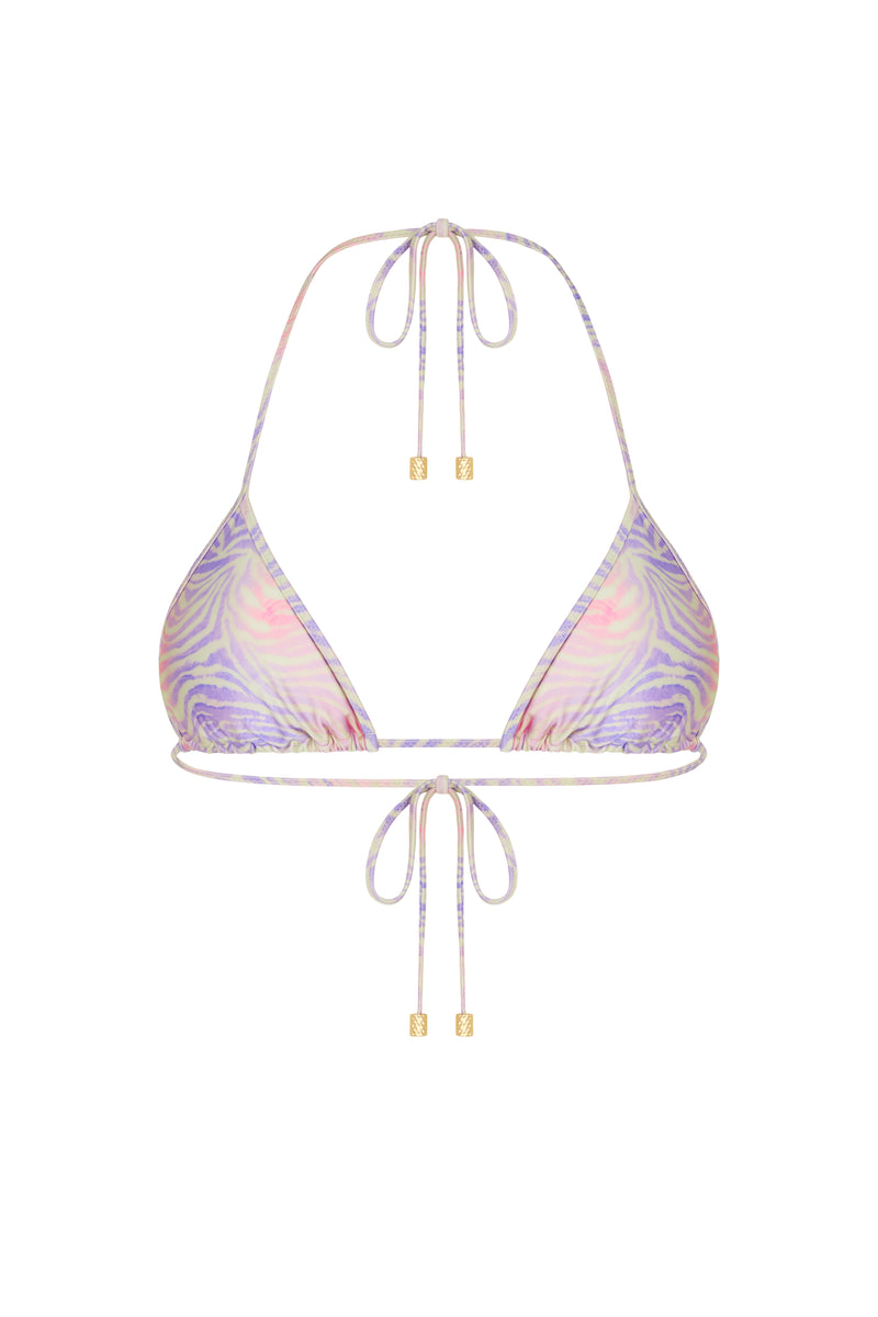 A triangle bikini top with adjustable straps and a halter neck, featuring a zebra print and gold hardware.