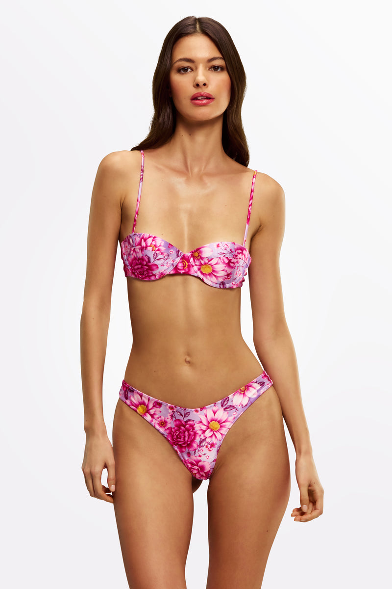 Model wearing Jaci Azalea balconette bikini top with Lake Como print
