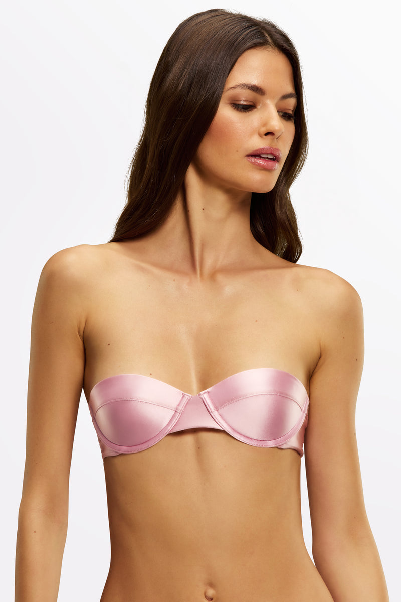 Detail close-up of moulded cup and shiny fabric in Bon Bon