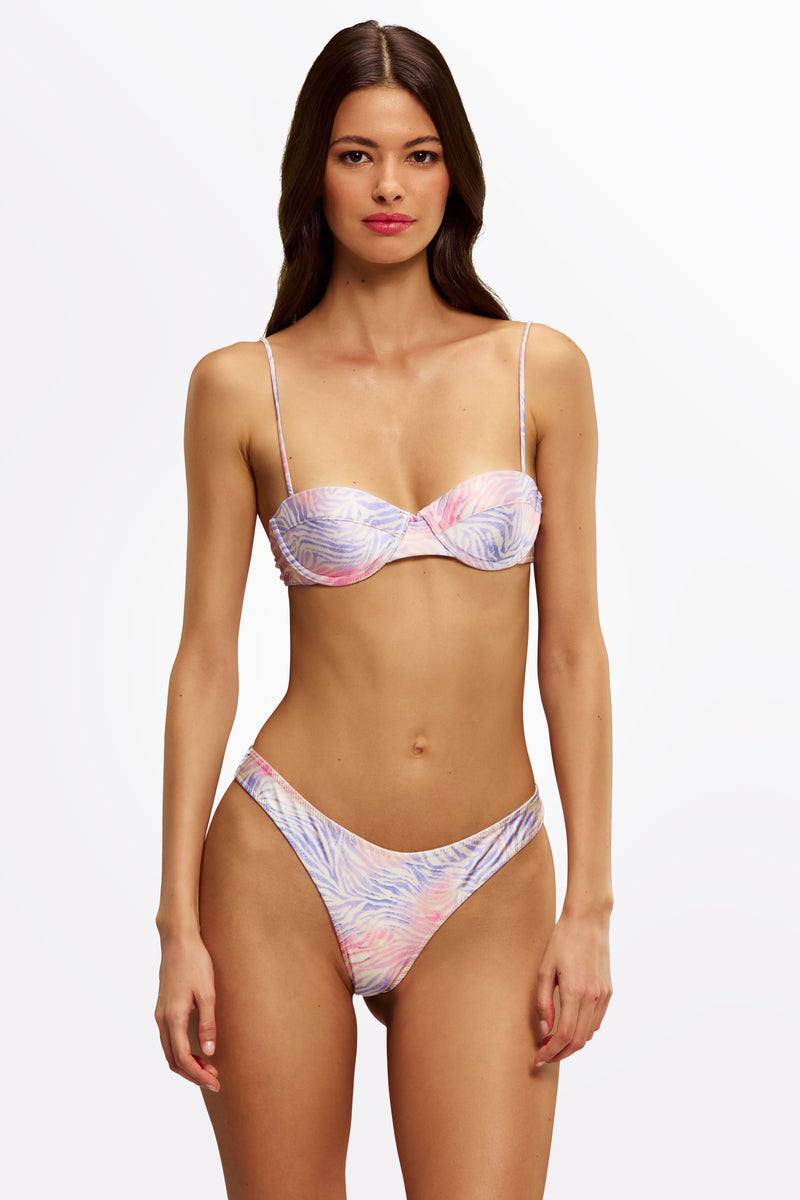 Model wearing the Jaci balconette bikini top in Zebra Haze – front view