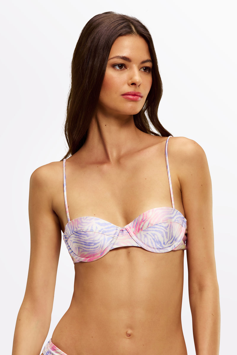 Close-up of balconette bikini top in Zebra Haze – fabric and hardware details