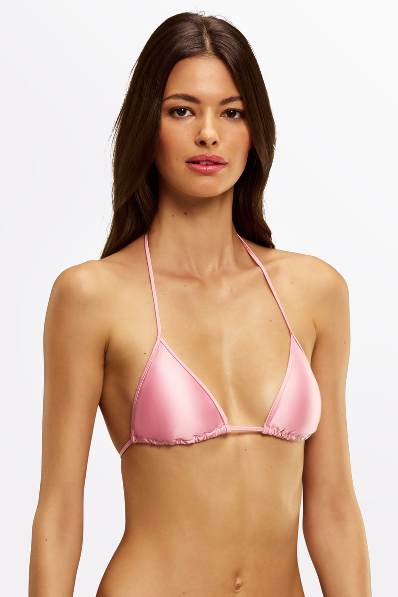 Close-up of triangle swim top in Bon Bon – removable padding and brushed vintage gold details.
