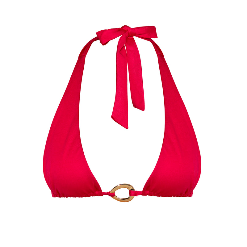 Front detail of Ryan Magenta halter bikini top with gold ring accent.