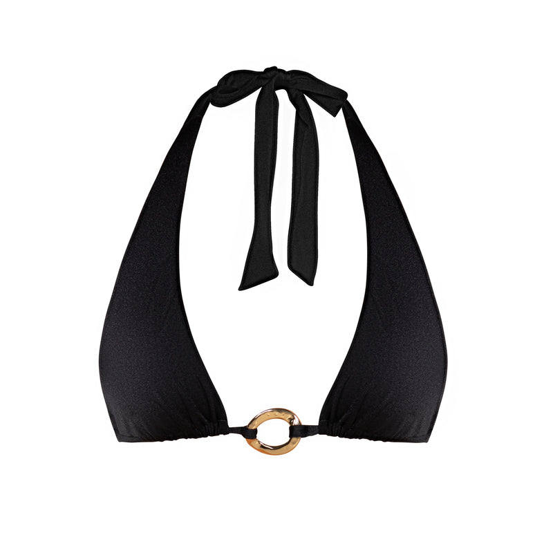 Front detail of Ryan Nero halter bikini top with gold ring accent.
