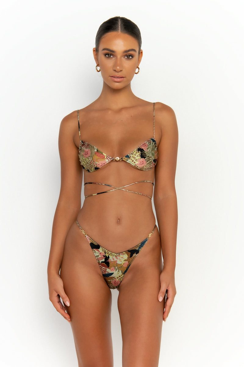 front view elegant woman wearing luxury swimsuit from sommer swim - ella jaguar is a print bikini with bralette bikini top