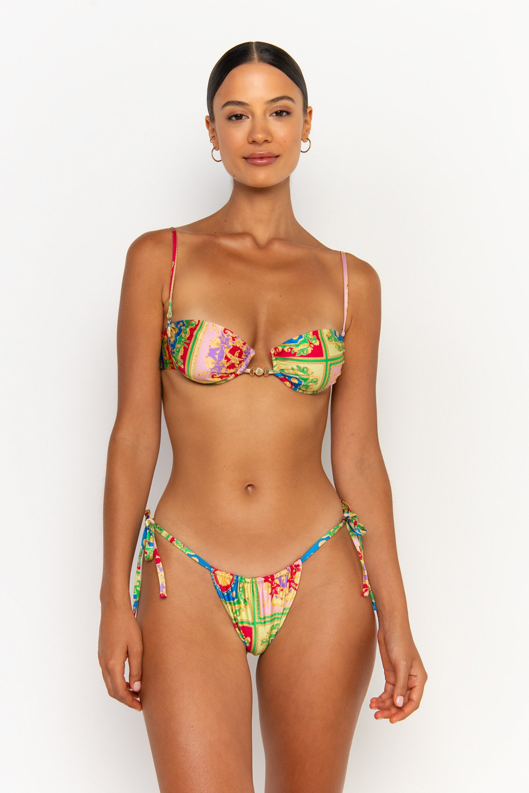 front view elegant woman wearing luxury swimsuit from sommer swim - harper posidonia is a print bikini with balconette bikini top