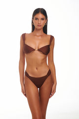 Woman wearing a brown bikini set on a white background