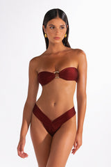 Minimalist bandeau bikini top with adjustable back tie and vintage gold hardware