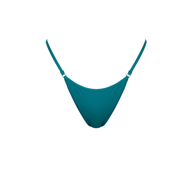 Minimalist thong swimsuit bottoms with thin side straps and a lustrous finish