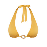 Front detail of Ryan Lusso halter bikini top with gold ring accent.