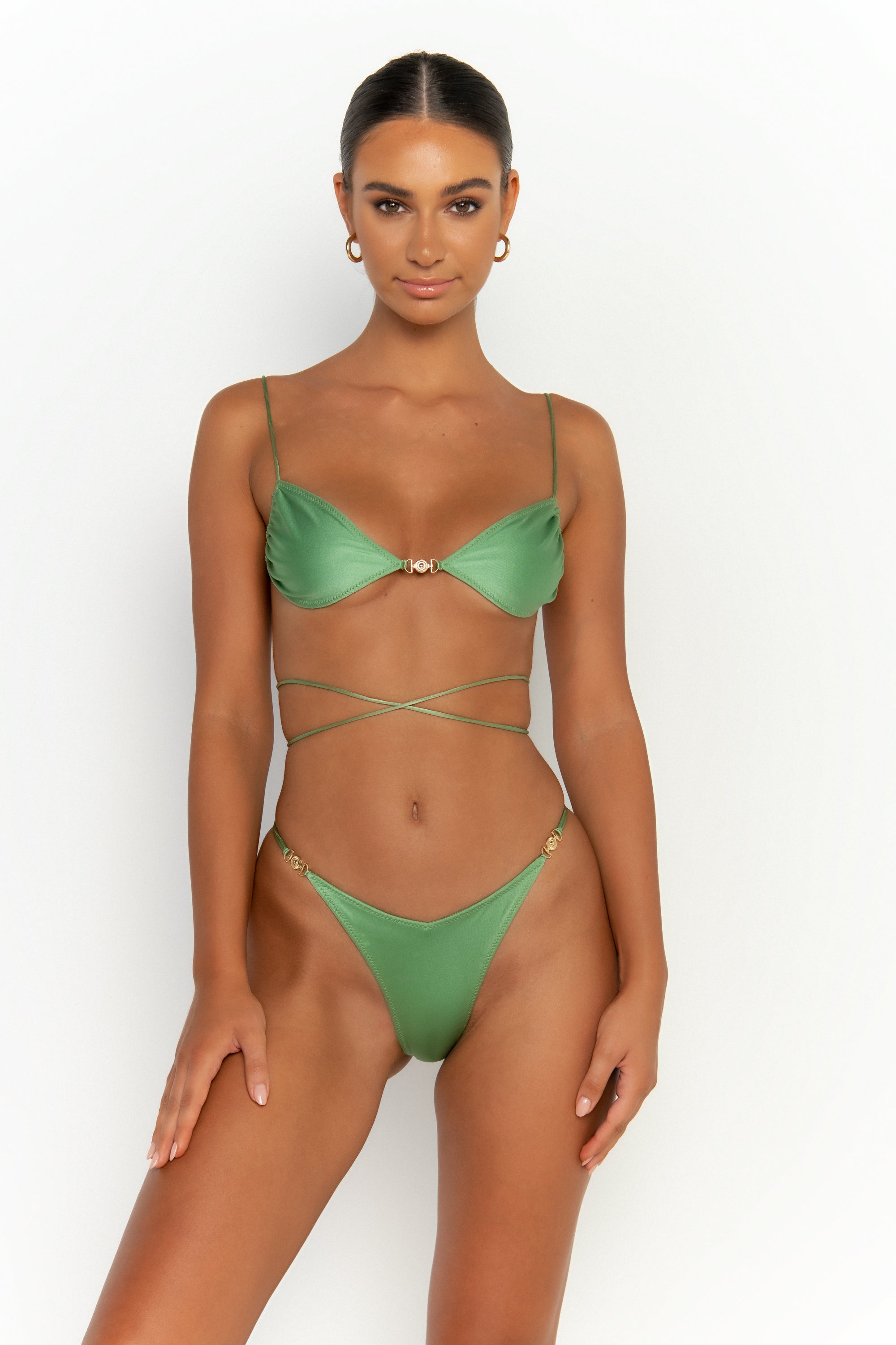 front view elegant woman wearing luxury swimsuit from sommer swim - ella maltese is a mint green bikini with bralette bikini top
