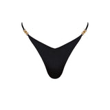 Close-up of the luxurious gold hardware on the Lia Nero Brazilian bikini bottom.
