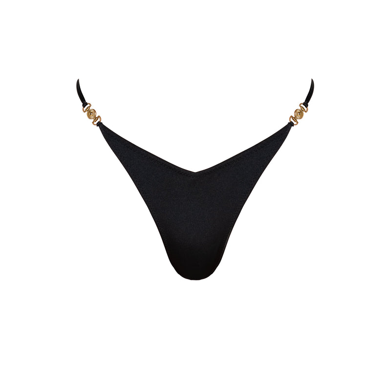 Close-up of the luxurious gold hardware on the Lia Nero Brazilian bikini bottom.
