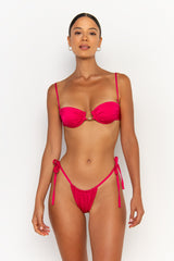 front view elegant woman wearing luxury swimsuit from sommer swim - paloma magenta is a fuchsia bikini with tie side bikini bottom