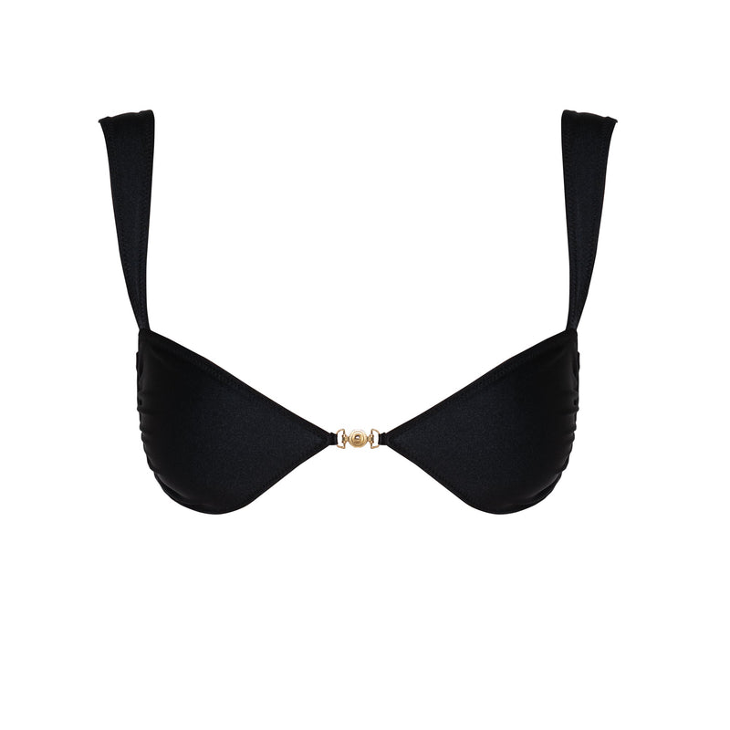 Soriya Nero balconette top – elegant black balconette bathing suit with gold embellishment.